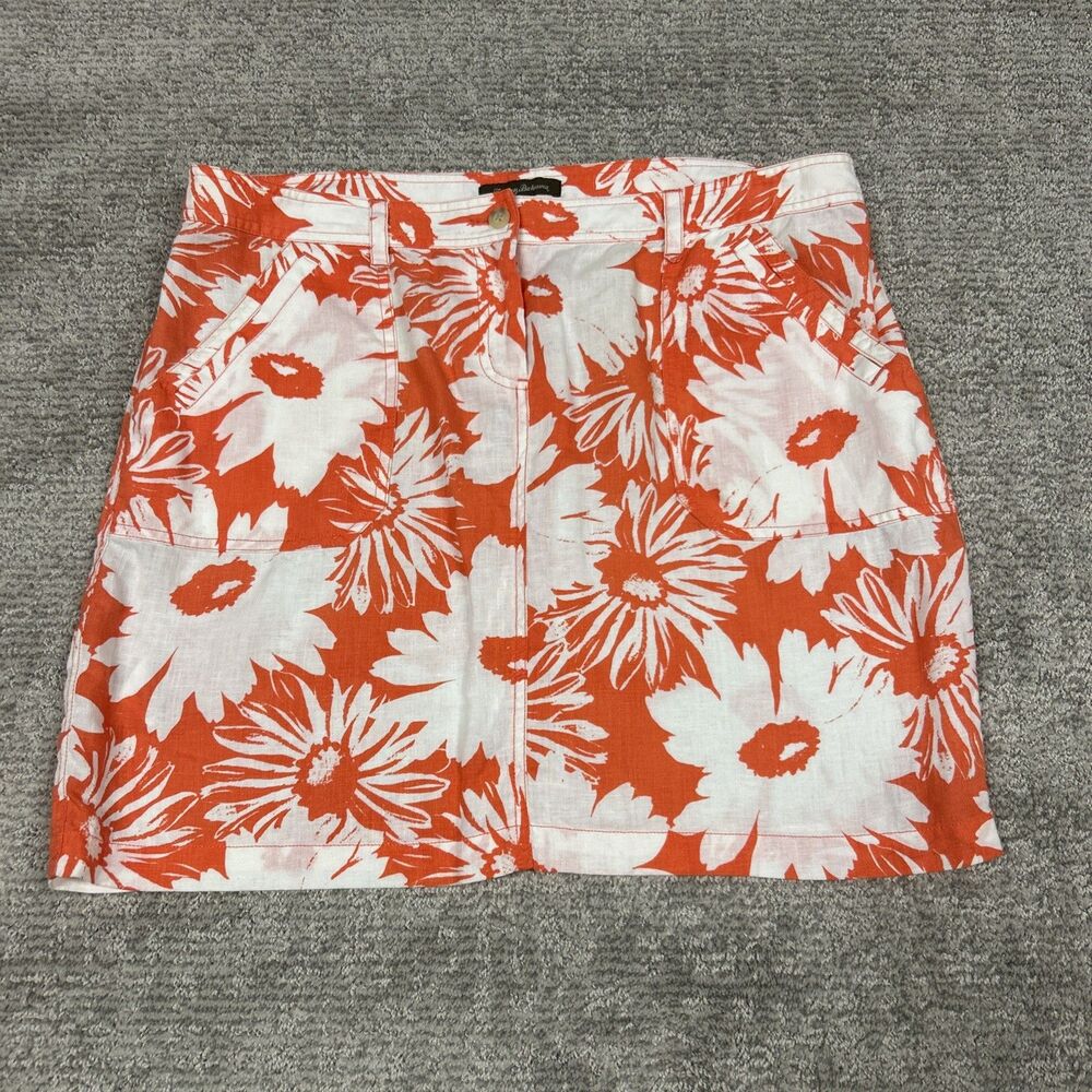 Tommy Bahama Skirt Womens 14 Orange White Floral Linen Pockets Beach Summer